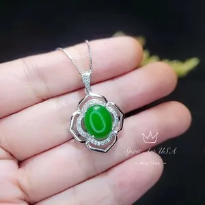 Authentic Flower Of life Jade Necklace - White gold plated Sterling silver Oval Green