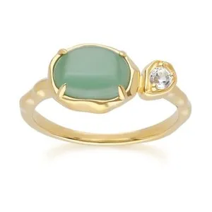 Authentic Irregular Oval Dyed Green Jade & Topaz Ring In 18ct Gold Plated SterlIng Silver