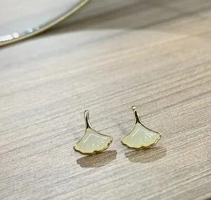 Authentic Blossoming Protection: Ginkgo Leaf Jade Stud Earrings with Golden Vigilance
