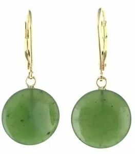 Authentic 15mm Genuine Natural Nephrite Jade Round Disc Drop Earring Sterling Silver