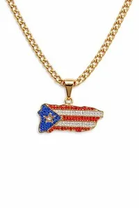 Authentic Puerto Rico Gold Plated 24" Chain 6mm Necklace Flag Pendant