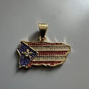 Authentic Puerto Rico Flag Pendant Gold Plated 24 Inch Chain Necklace