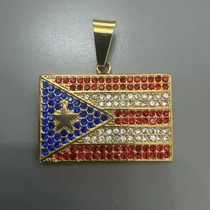 Authentic Puerto Rico Flag Pendant Gold Plated 24 Inch Chain Necklace Mens