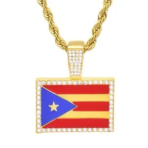 Authentic Men's Gold Plated Iced Puerto Rico Flag Pendant 24" Rope Chain Necklace HC 1046G