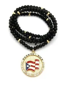 Authentic Gold Plated Stone Stud Puerto Rico Flag Pendant w/ 6mm 30" Wooden Bead Necklace