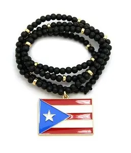 Authentic Gold Plated Rectangle Puerto Rico Flag Pendant w/ 6mm 30" Wooden Bead Necklace