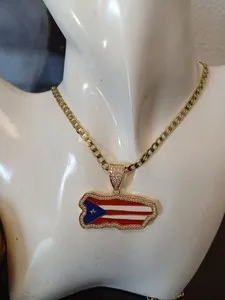 Authentic 14K Gold Plated Puerto Rico Map/Flag Necklace