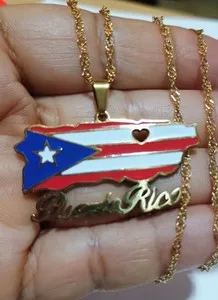 Authentic Puerto Rico Map Flag Heart Pendant 1.5 Inch Necklace – Men & Women GOLD PLATED.