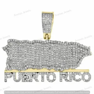 Authentic 1 CT Round Moissanite Puerto Rico Map Atlas 1.15" Pendant 14K Yellow Gold Plated