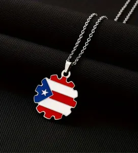 Authentic 18K Gold Plated Puerto Rico Flag Sawtooth style Pendant Necklace