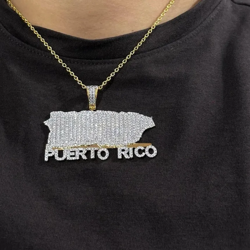 Authentic 3TCW Round Lab Created Diamond Puerto Rico Map Pendant 14K Yellow Gold Plated