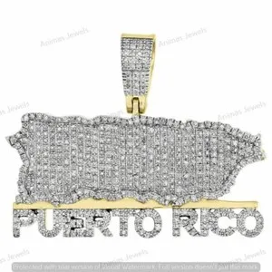 Authentic 1.00 Ct Lab-Created Diamond Puerto Rico Map Atlas Pendant 14K Yellow Gold Plated