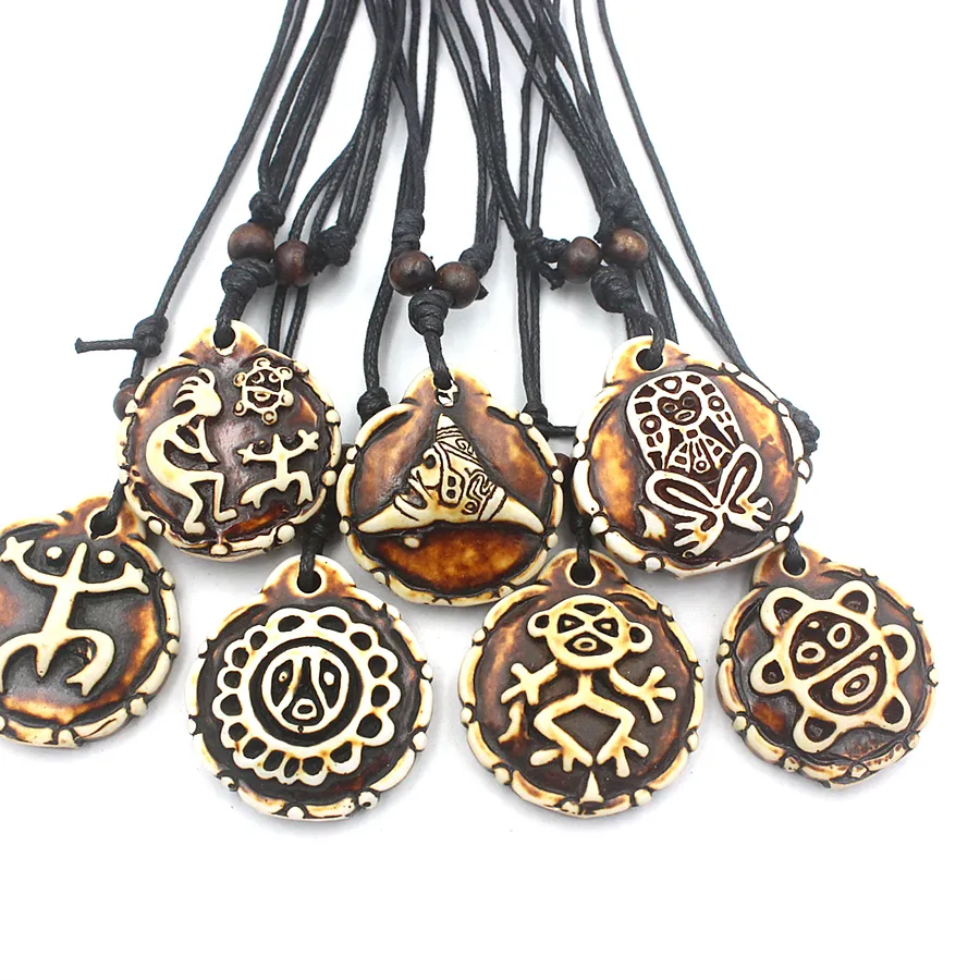 Authentic 6PCS/lot MIXED Puerto Rico Tribal Sun Coqui Taino Kokopelli CAGUANA (SEATED TAINO) Necklaces Pendants Men Women Wax Cord Jewelry