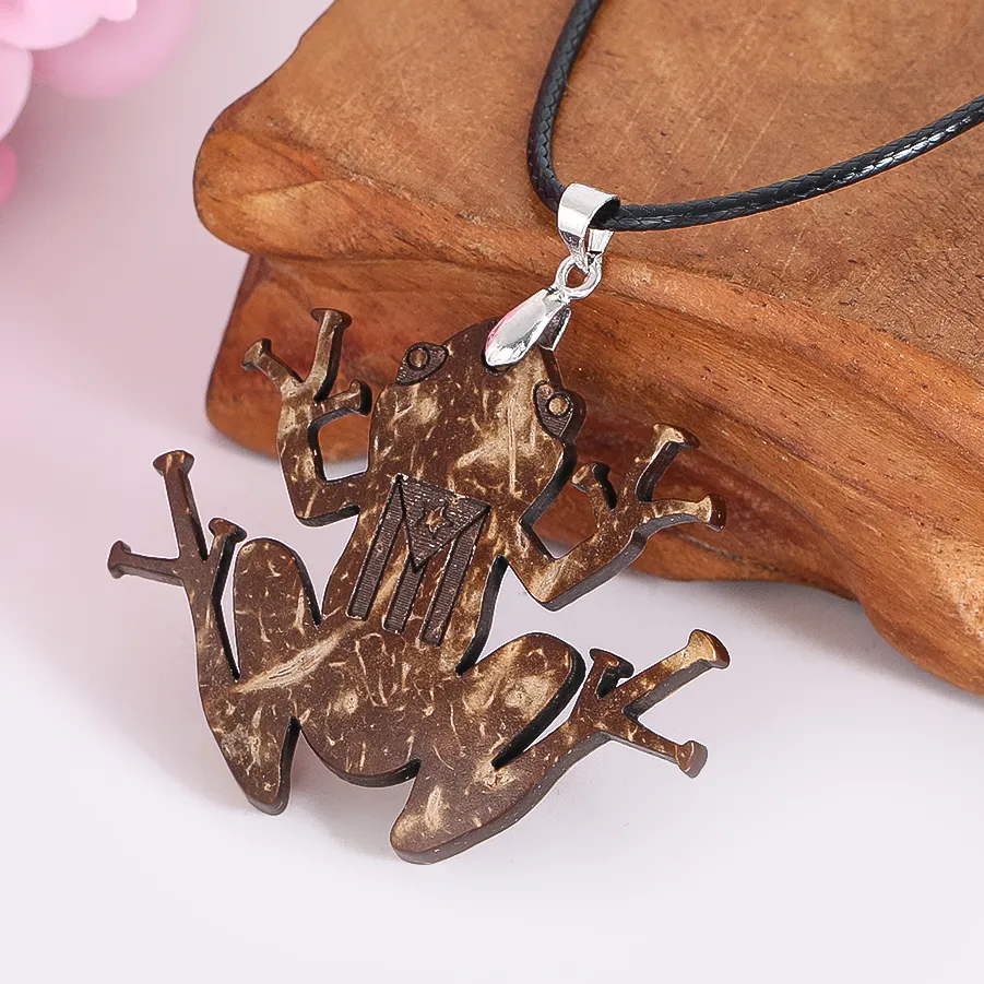 Authentic Ethnic Coconut Shell Frog Pendant Necklace Puerto Rico Tribal Flag Silver Plated Bail Black Cord Chain Jewelry For Friends