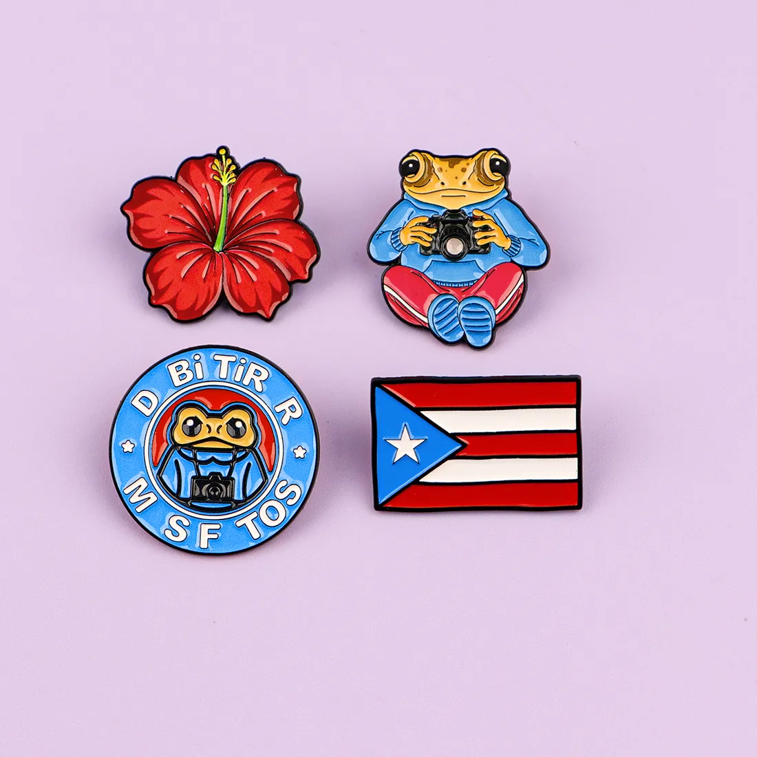 Authentic 4pcs Kawaii Photographer Frog Enamel Pin Red Hibiscus Puerto Rico Flag Brooch For Coat Brooches Lapel Badges Jewelry