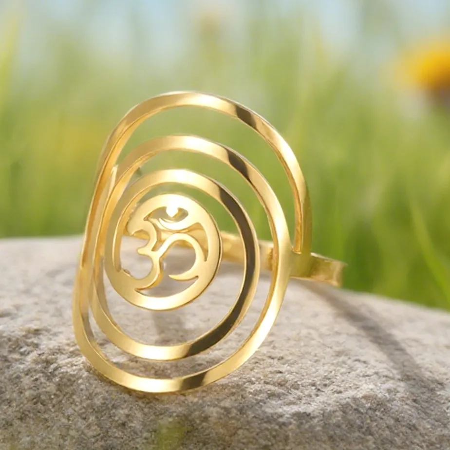 Authentic Dawapara Buddhism Spiritual OM Ohm Symbol Adjustable Ring Spiral Sacred Geometry Finger Ring Stainless Steel Jewelry
