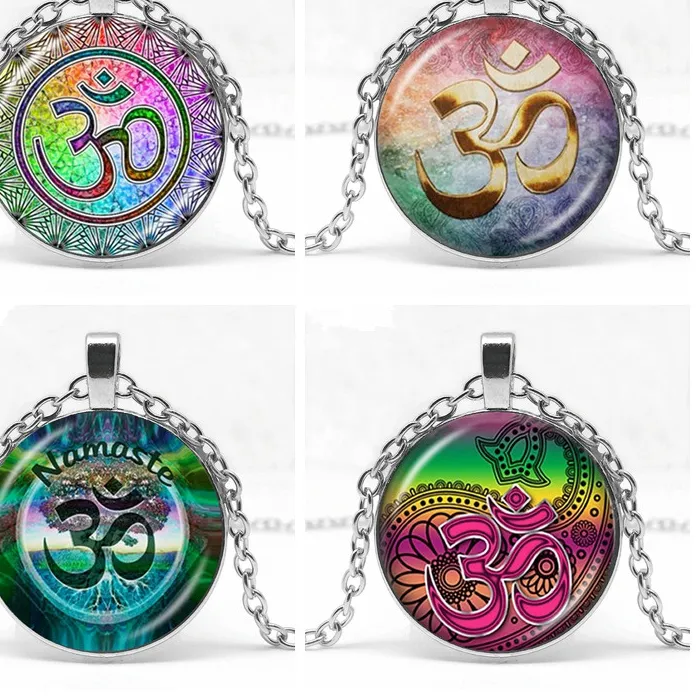Authentic 2018 Om Aum Ohm Buddha Necklace Namaste Glass Pendant Jewelry Hindu Symbol Pendant Meditation Hindu Sweater Necklace