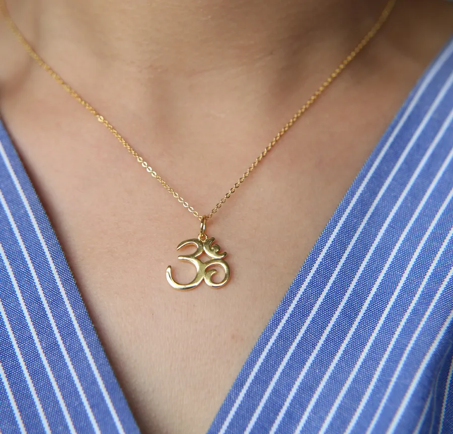 Authentic 2018 fine pure 925 sterling silver 41+5cm chain high polish sparking gold color women ohm om india symbol yoga necklace