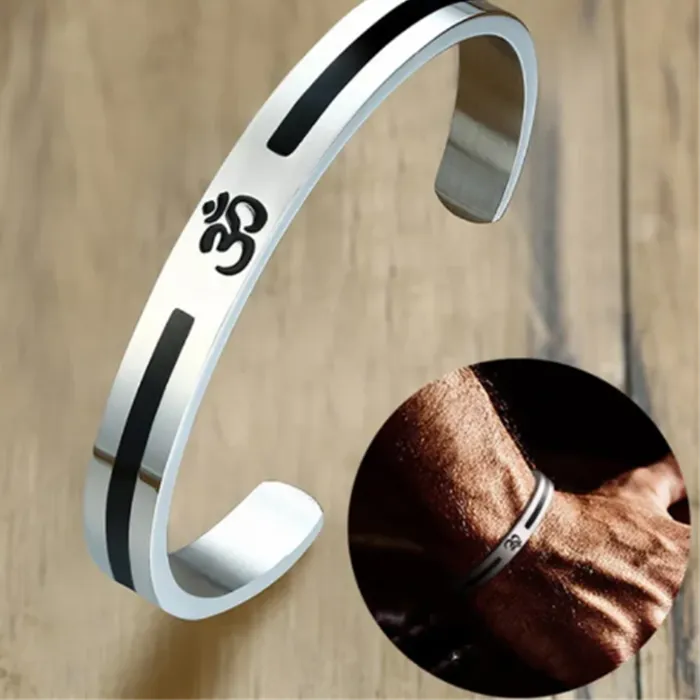 Authentic Stainless Steel OM Ohm Aum Hindu India Yoga Cuff Bangle for Men Silver-color Buddhist Religion Open Cuff Bracelet Punk Jewelry