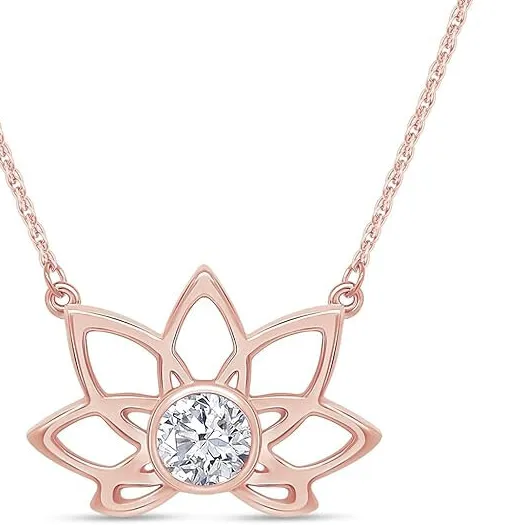 Authentic Lotus Flower Pendant Necklace 14K Rose Gold Plated Silver Simulated Birthstone