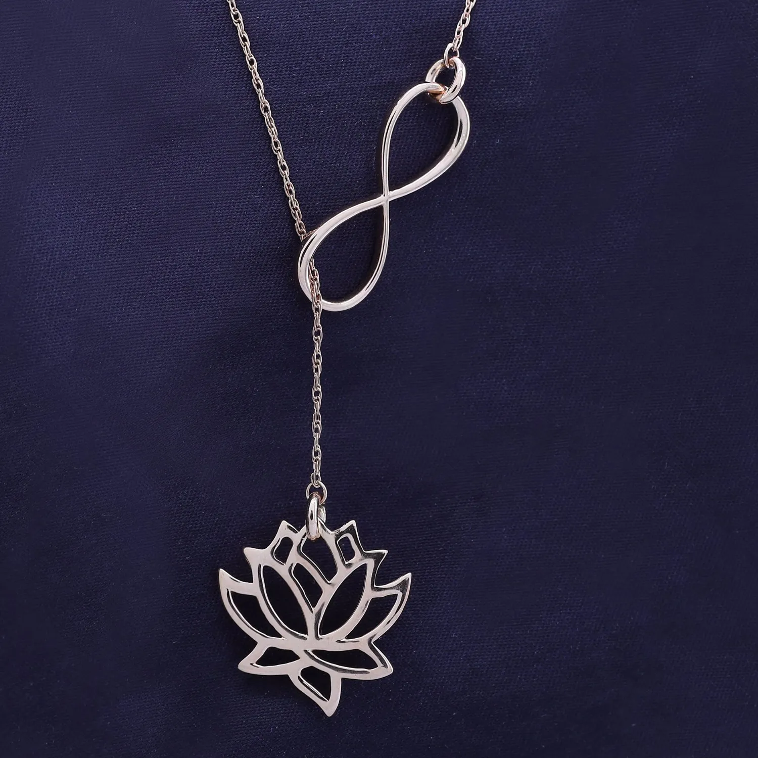Authentic 14K Rose Gold Plated Sterling Silver Infinity with Lotus Flower Pendant Necklace