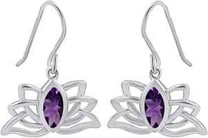 Authentic Simulated  Amethyst Lotus Flower Dangle Earrings In 14k Gold Plated Silver 925