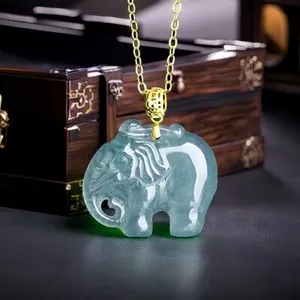 Authentic Blue Myanmar Jadeite Elephant Pendant Necklace Real Burmese Jade 18K Gold Plated