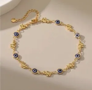 Authentic Gold Plated Elephant Blue Evil Eye Anklet