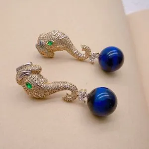 Authentic Round Blue Tiger Cz Pave Elephant Gold Plated Fashion Stud Earring