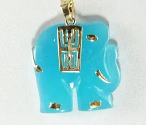 Authentic Fashion Sky-Blue Jade Yellow Gold Plated Elephant Pendant Chain Necklace Women