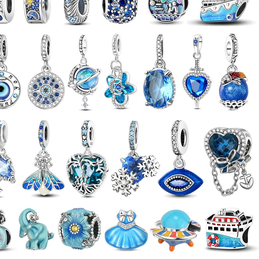 Authentic Blue Series 925 Sterling Silver Sapphire Tree of Life Bottle Elephant Planet Ocean Heart Charm Fit DIY Bracelet Necklace Gifts