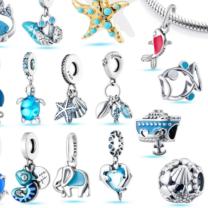 Authentic Hot Sale DIY Jewelry Gifts Silver Plated Charm Bead Blue Murano Glass Dolphins&Elephant For Girlfriend Boyfriend/Wife Husband.