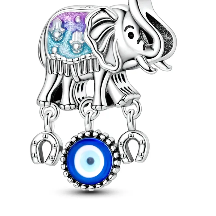 Authentic 925 Sterling Silver Blue Elephant Devil's Eye Charms Bead Dangle Fit Original Bracelet DIY Women Jewelry