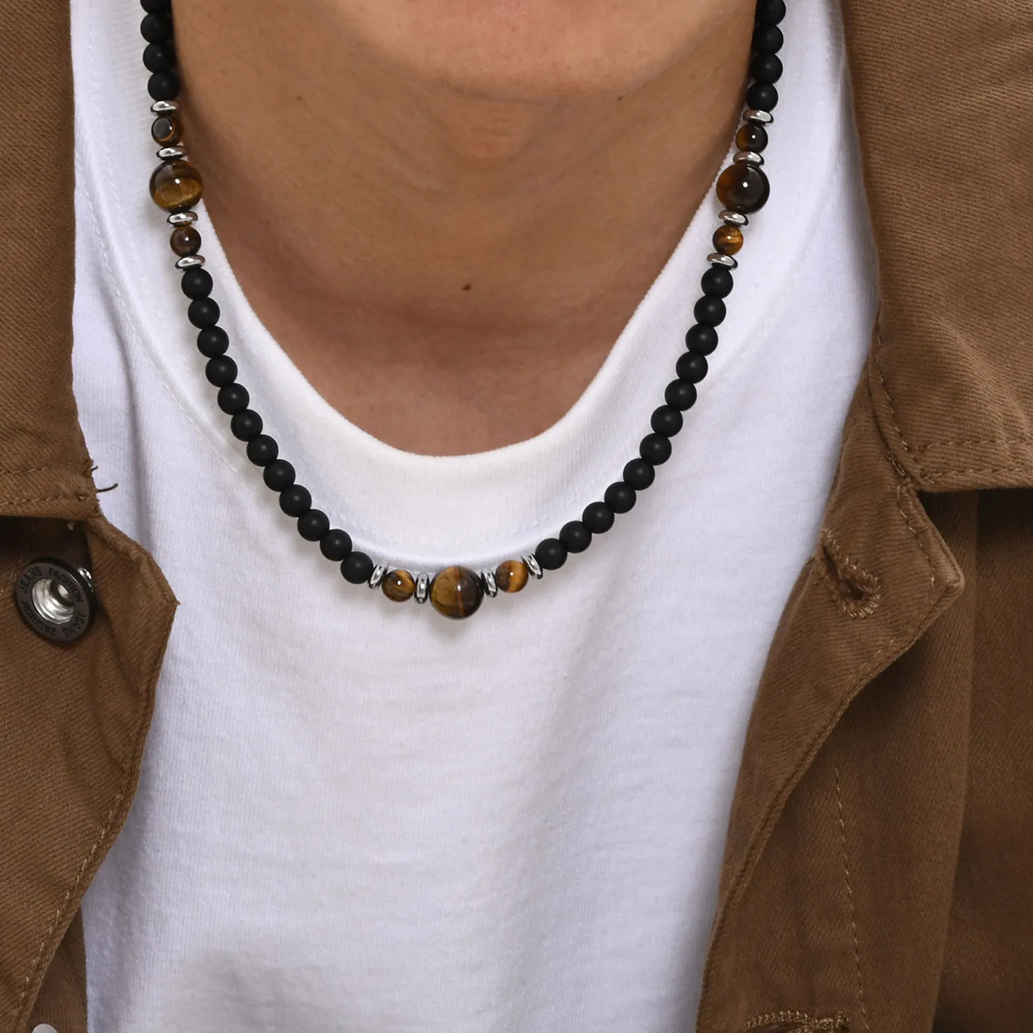 Authentic Casual Black Brown Beaded Necklaces for Men Boys,Summer Beach Tiger Eye Stone Beads Collar,Waterproof Swimming Jewelry