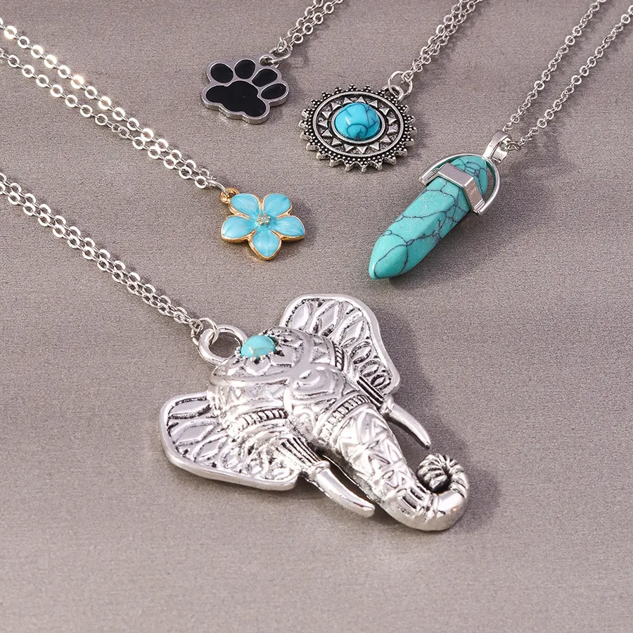 Authentic Aihua 5pcs/set Gothic Blue Turquoise Stone Elephant Pendant Necklaces for Women Grunge Hip Hop Necklace Jewelry Gifts
