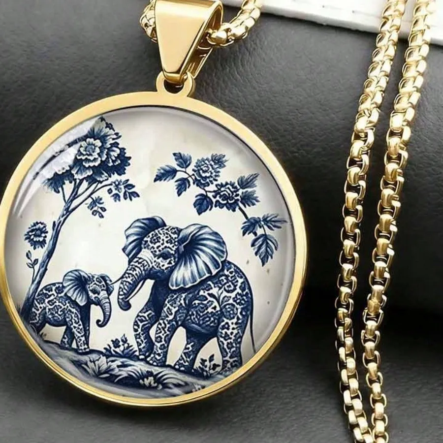 Authentic Blue And White Porcelain Elephant Pendant Necklace, Gold Plated, Vintage Floral Design, Family Love Jewelry