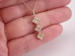 Authentic 14K Yellow Gold Plated Moissanite 2Ct Baguette Long Dangle Lariat Charm Pendant