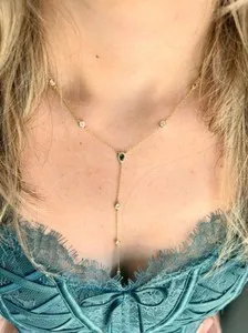 Authentic 2Ctw Pear Cut Lab Created Emerald Diamond Lariat Necklace 14K Yellow Gold Plated