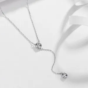 Authentic 14K White Gold Plated 2Ct Natural Moissanite Women Y lariat Necklace Pendant 18"
