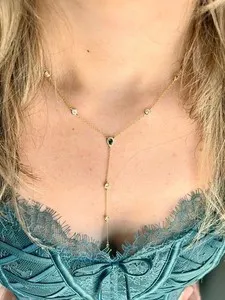 Authentic 2Ctw Pear Cut Lab Created Emerald Diamond Lariat Necklace 14K Yellow Gold Plated