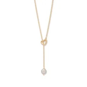 Authentic Women's 14 Karat Gold Plated 16" + 2" Pearl CZ Heart Lariat Necklace