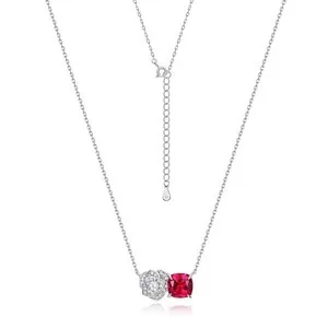 Authentic Lab-Created Ruby Flower Lariat Necklace S925 Sterling Silver White Gold Plated