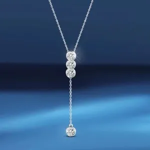 Authentic 3/5mm Moissanite Lariat Y Drop Necklace Women Jewel 18K White Gold Plated