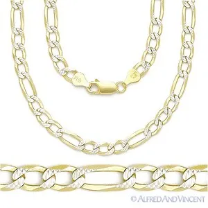 Authentic 5.7mm Figaro Pave Link 925 Sterling Silver 14k Yellow Gold-Plated Chain Necklace
