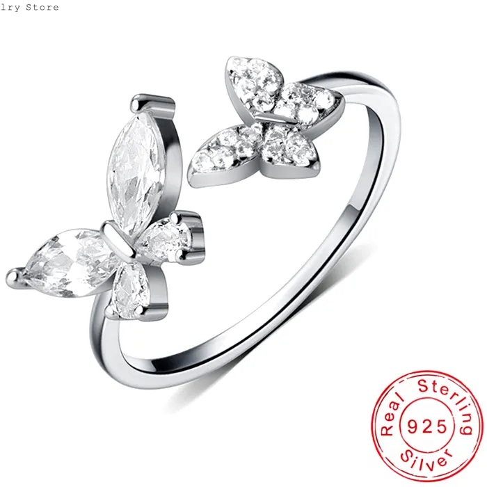 Authentic 925 Sterling Silver Fine Double Butterfly Zircon Adjustable Rings Women&Girl Jewelry Rhinestone wishbone Finger Ring