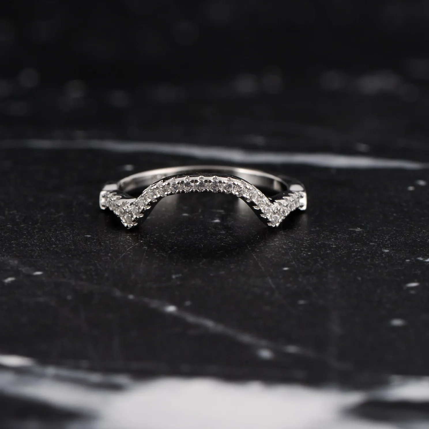 Authentic Curved Wedding Band 14K White Gold Plated 0.30Ct Round Moissanite Stacking Band