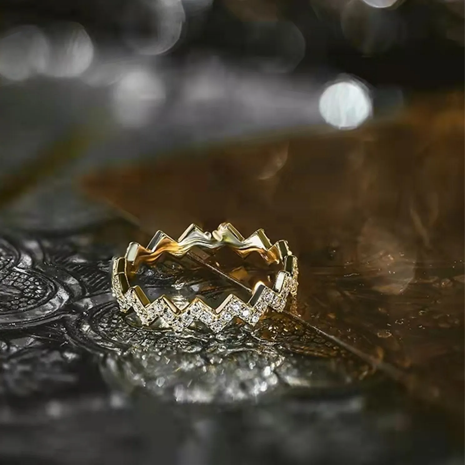 Authentic 14K Yellow Gold Plated Zig Zag Wedding Band Daily Wear Unique Engagement ring Se