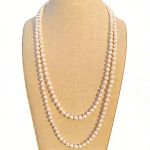 Authentic 48" Double Strand 7-8mm Akoya White Pearl Necklace Long Layering 14k Gold Plated