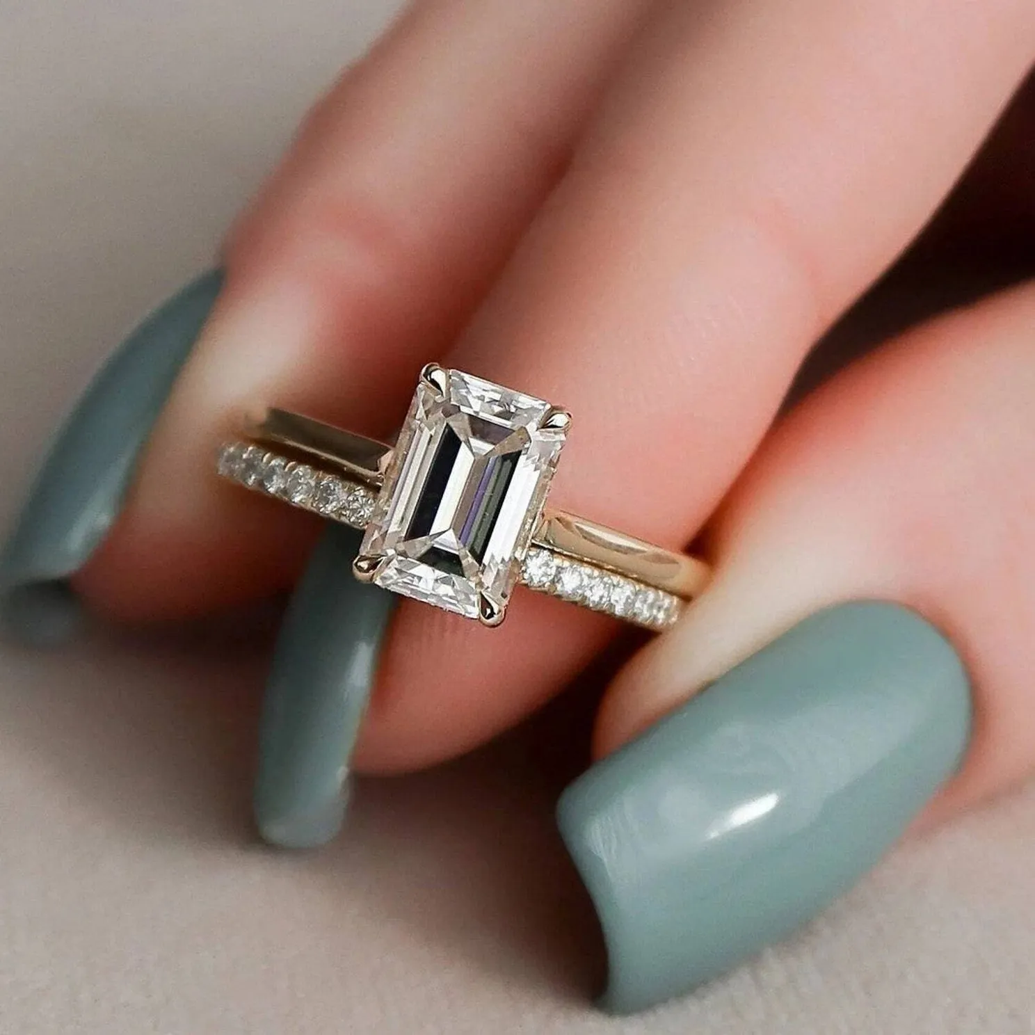 Authentic 2CT Emerald Moissanite Engagement Ring 14K Yellow Gold Plated Full Eternity Band