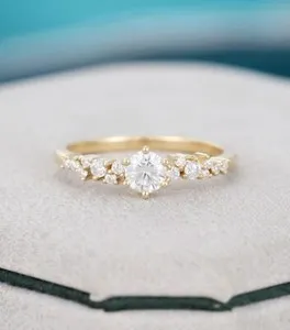 Authentic Dainty Cluster 14k Yellow Gold Plated Engagement Ring 4MM Round Moissanite Ring